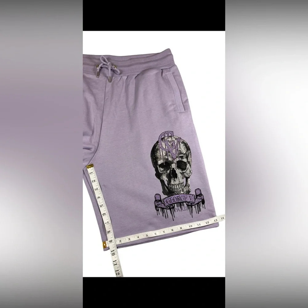 Avenue George V Paris Mens Drawstring Shorts Lila Rhinestone Skull Size 3XL - Picture 7 of 11